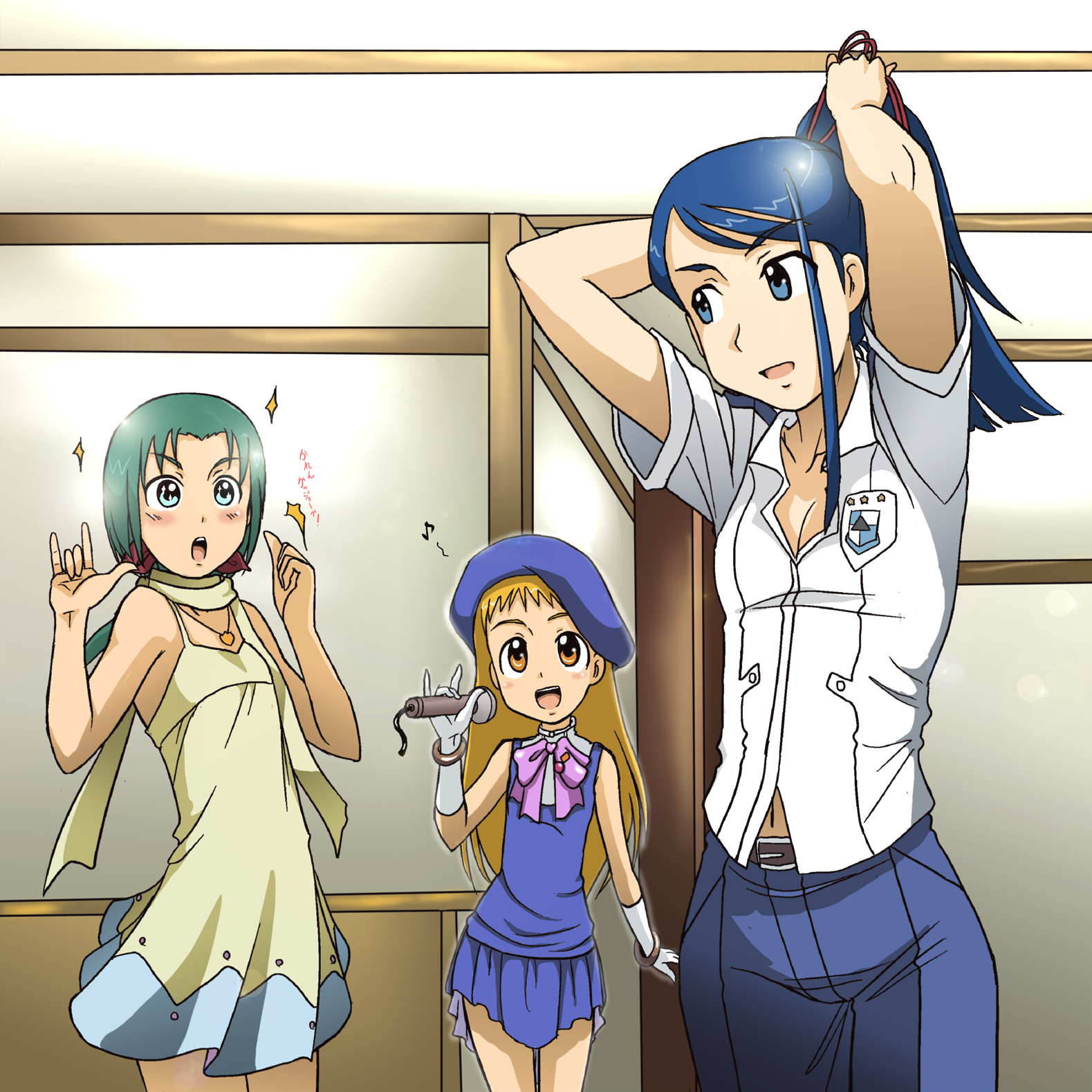 takaya n, akimoto komachi, kasugano urara (yes! precure 5), minazuki karen, ranka lee, saotome alto, sheryl nome, macross, macross frontier, precure, yes! precure 5, highres, 3girls, m/, cosplay, multiple girls, parody, ranka lee (cosplay), saotome alto (cosplay), seikan hikou, sheryl nome (cosplay)