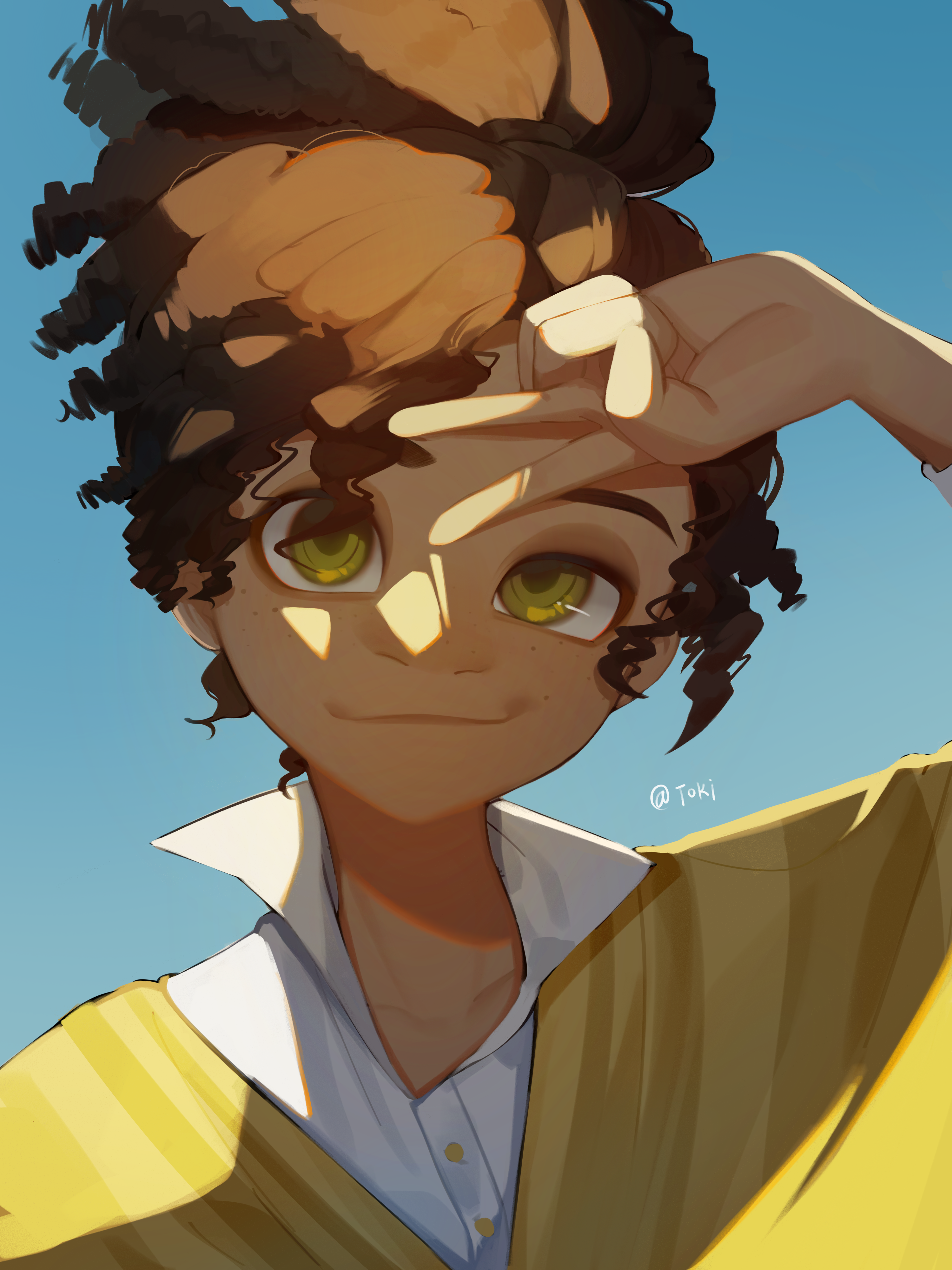 tokirda, camilo madrigal, encanto, absurdres, highres, 1boy, alternate hairstyle, animification, brown eyes, brown hair, colombian clothes, curly hair, dark-skinned male, dark skin, looking at viewer, poncho, shirt, short hair, simple background, skirt, smile, solo, yellow poncho
