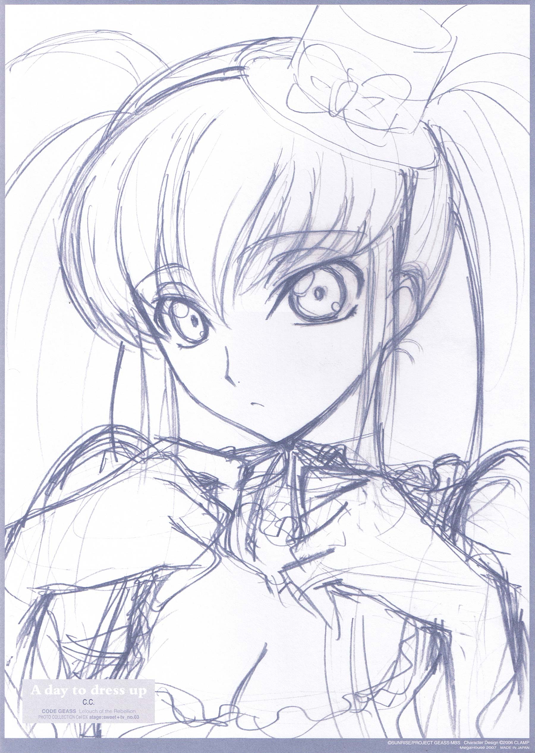 c.c., code geass, absurdres, highres, 00s, 1girl, female focus, hat, mini hat, mini top hat, monochrome, purple theme, sketch, solo, top hat