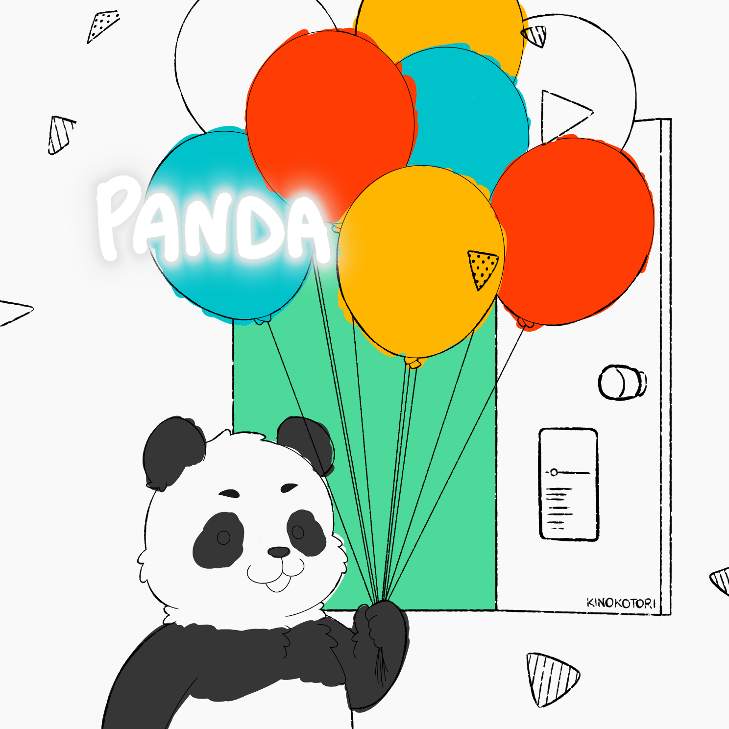 kinokorin, panda (jujutsu kaisen), jujutsu kaisen, commentary request, highres, animal, animal focus, balloon, character name, door, holding, holding balloon, looking ahead, no humans, open mouth, panda, signature, simple background, solo, white background