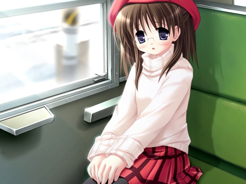 torishimo, fuyutsuta hakana, north wind, game cg, source request, 1girl, black pantyhose, blue eyes, blush, brown hair, dot nose, female focus, glasses, hat, looking at viewer, open mouth, pantyhose, sitting, skirt, solo, sweater, thighhighs, train, train interior