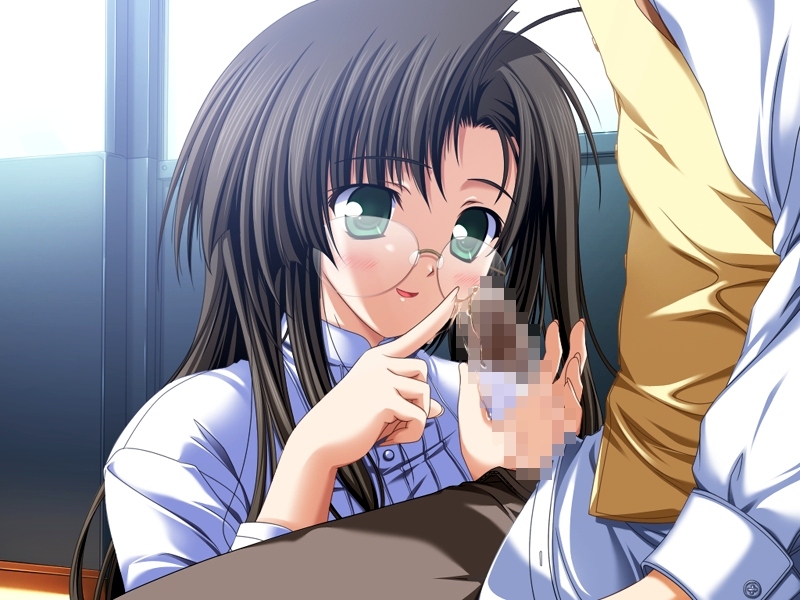 sagawa eriko, akiiro renka, purple software, 1boy, 1girl, ahoge, black hair, blush, censored, glasses, green eyes, handjob, hetero, invisible penis, mosaic censoring, penis, precum, smile, solo focus