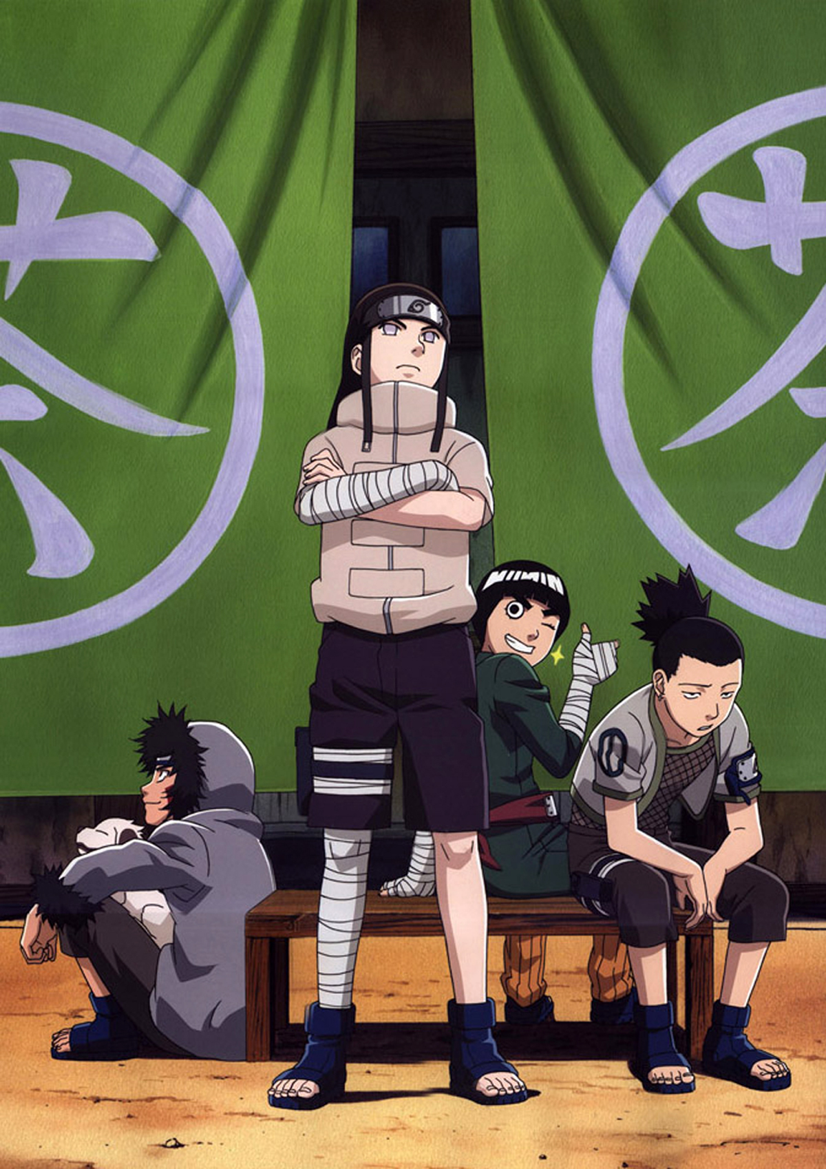 akamaru (naruto), hyuuga neji, inuzuka kiba, nara shikamaru, rock lee, naruto (classic), naruto (series), highres, 4boys, bench, crossed arms, curtains, fishnet top, fishnets, full body, headband, leaning forward, logo, looking at viewer, male focus, multiple boys, ponytail, saliva, sidelocks, sitting, standing, toes