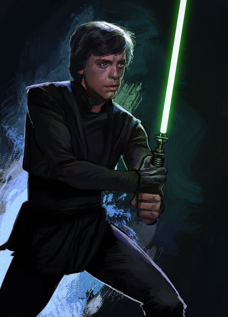 uzuri art, luke skywalker, star wars, star wars: return of the jedi, 1boy, black jacket, black pants, brown hair, energy sword, green lightsaber, grey eyes, holding, holding sword, holding weapon, jacket, lightsaber, pants, short hair, solo, sword, weapon