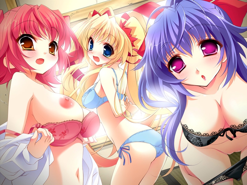 youta, hashizumi rena, rokuhara marie, saijou touko, crimson lake, game cg, source request, 3girls, blonde hair, blue eyes, blush, bra, breasts, cleavage, fang, large breasts, lingerie, long hair, medium breasts, multiple girls, nipples, open mouth, orange eyes, panties, purple eyes, purple hair, pussy, red hair, short hair, underwear, underwear only, undressing