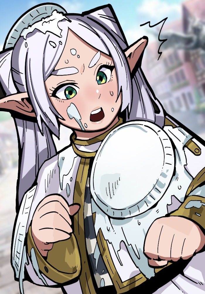 exhatomi, frieren, sousou no frieren, 1girl, ^^^, clenched hands, colored eyebrows, cream, cream on clothes, cream on face, dutch angle, food, food on face, green eyes, hands up, looking down, open mouth, parted bangs, pie, pointy ears, sidelocks, solo, sweat, teeth, thick eyebrows, twintails, upper body, upper teeth only, v-shaped eyebrows, wet and messy, white hair