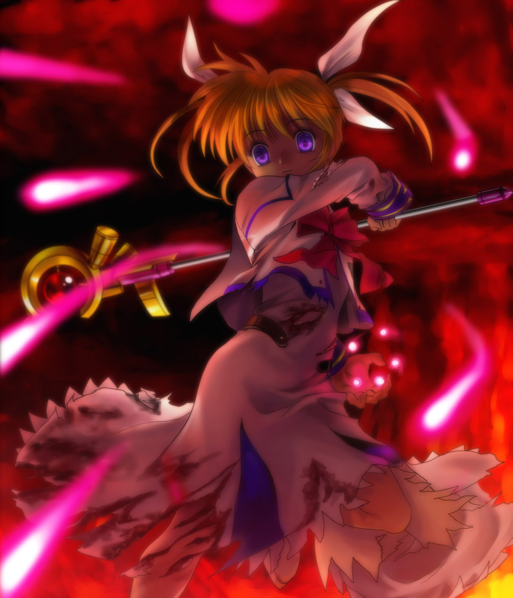 mutsuki (moonknives), raising heart, takamachi nanoha, lyrical nanoha, mahou shoujo lyrical nanoha, mahou shoujo lyrical nanoha a's, seven arcs, highres, 00s, 1girl, blue eyes, bow, brown hair, energy ball, female focus, fire, magazine (weapon), magical girl, purple eyes, red bow, red hair, solo, staff, torn clothes, twintails, white devil