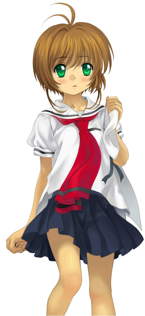 mutsuki (moonknives), kinomoto sakura, cardcaptor sakura, 1990s (style), 1girl, blush, brown hair, child, female focus, green eyes, hat, holding, holding unworn clothes, holding unworn hat, looking at viewer, retro artstyle, school uniform, serafuku, short hair, simple background, skirt, solo, tomoeda middle school uniform, unworn hat, unworn headwear, white background