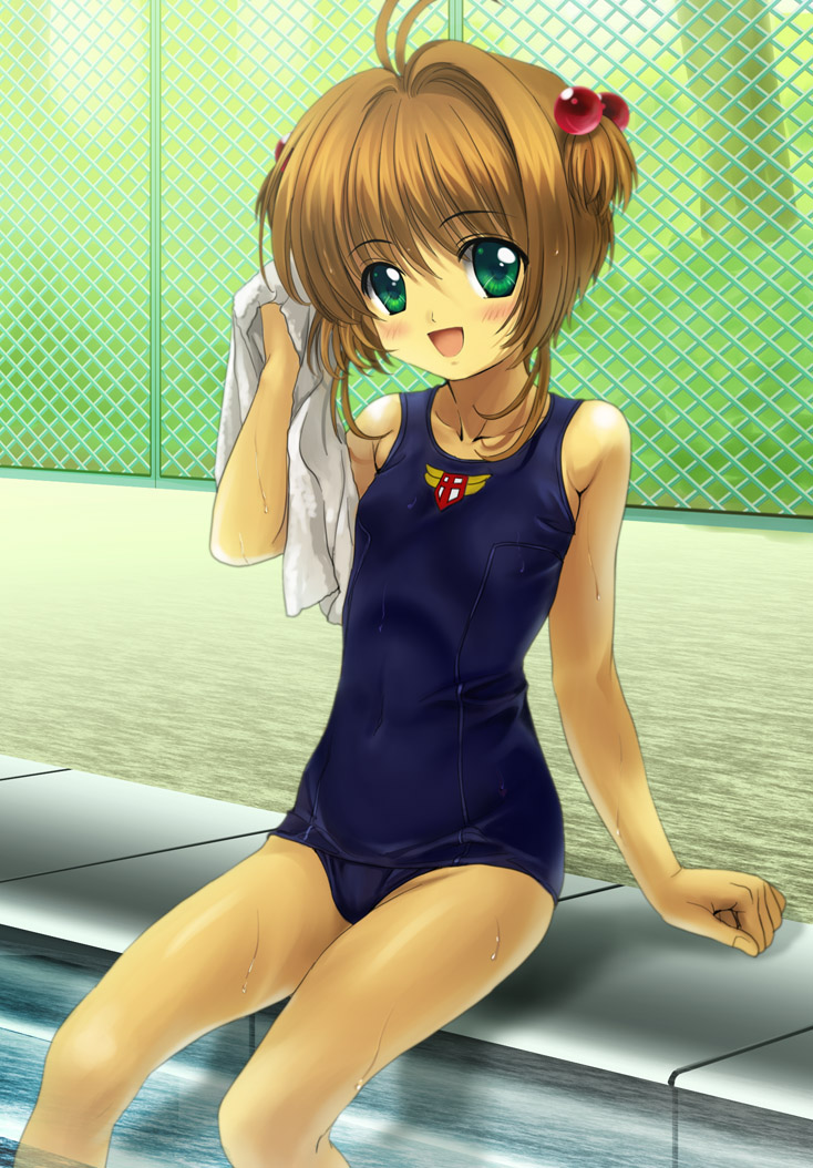 mutsuki (moonknives), kinomoto sakura, cardcaptor sakura, kodansha, 1990s (style), 1girl, :d, blush, brown hair, chain-link fence, child, female focus, fence, flat chest, green eyes, hair bobbles, hair ornament, looking at viewer, one-piece swimsuit, open mouth, outdoors, pool, poolside, retro artstyle, school swimsuit, sitting, smile, soaking feet, solo, swimsuit, towel, twintails, wet