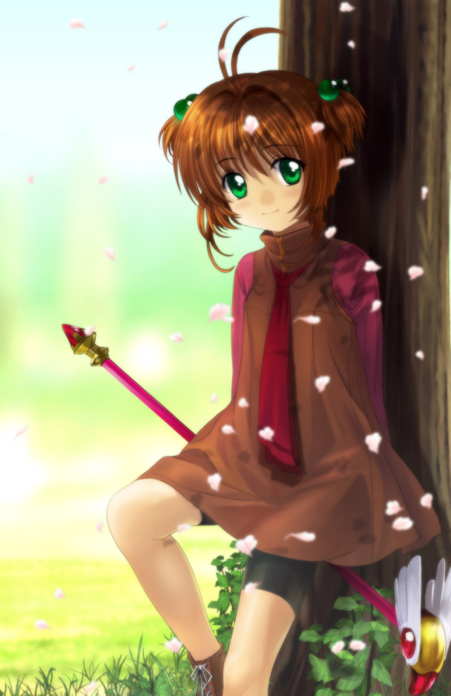 mutsuki (moonknives), kinomoto sakura, cardcaptor sakura, kodansha, 1990s (style), 1girl, blush, brown hair, child, dress, female focus, fuuin no tsue, green eyes, hair bobbles, hair ornament, magical girl, retro artstyle, solo, staff, twintails