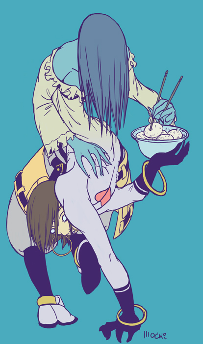 s-ko, zappa, arc system works, guilty gear, white legwear, 1boy, 1girl, black gloves, black hair, blue background, bodysuit, bracelet, chopsticks, elbow gloves, food, full body, gloves, jewelry, long hair, simple background, socks, tabi