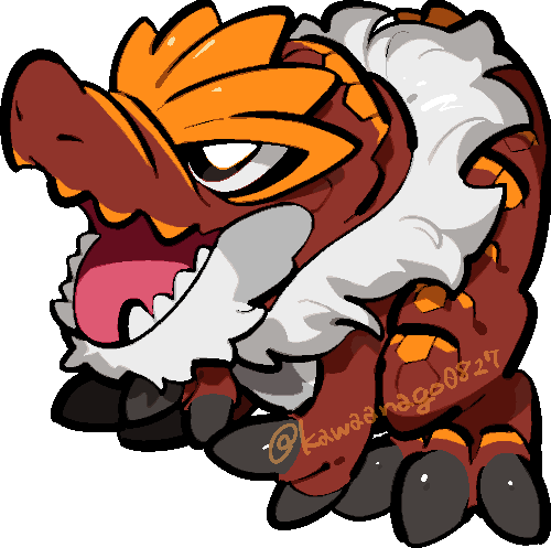 kawaanago, tyrantrum, nintendo, pokemon, commentary request, lowres, animal focus, black eyes, bright pupils, chibi, chibi only, full body, gen 6 pokemon, no humans, open mouth, pokemon (creature), pokemon focus, sharp teeth, solo, teeth, transparent background, twitter username, white pupils