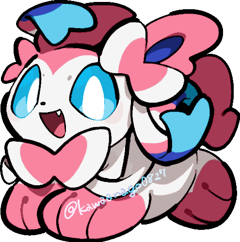 kawaanago, sylveon, nintendo, pokemon, commentary request, lowres, animal focus, bow, chibi, chibi only, dot nose, fang, full body, gen 6 pokemon, no humans, open mouth, pokemon (creature), pokemon focus, ribbon, smile, solo, transparent background, twitter username
