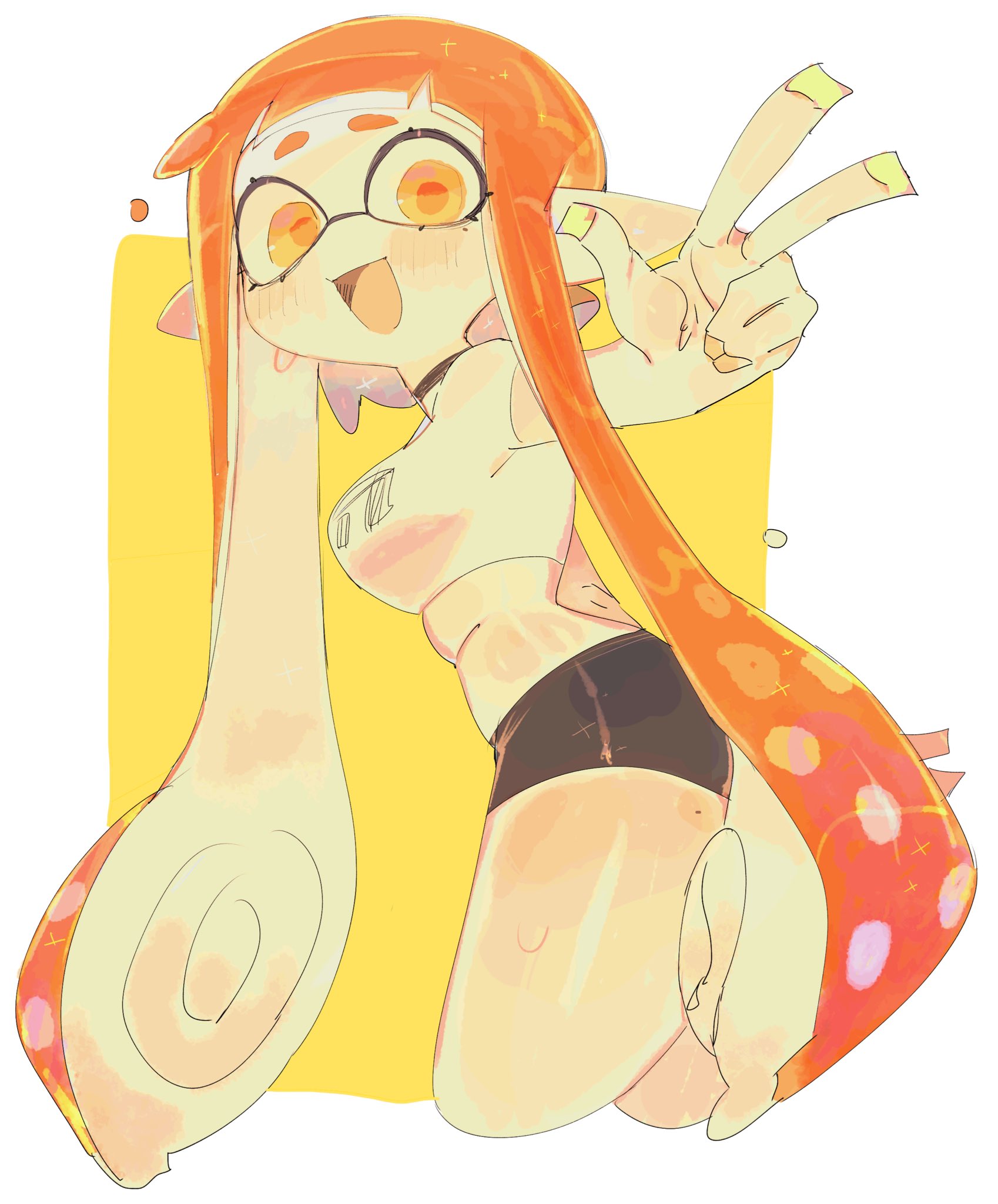 usa37107692, inkling girl, inkling player character, nintendo, splatoon (series), splatoon 1, highres, 1girl, bike shorts, black shorts, colored eyelashes, inkling, long hair, looking at viewer, open mouth, orange hair, pointy ears, shorts, simple background, smile, solo, tentacle hair, thighhighs, thighs, white background