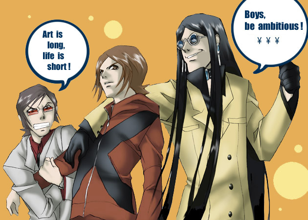 baofu, katsuya suou, suou katsuya, suou tatsuya, suou tatsuya (persona 2 batsu), atlus, persona, persona 2, persona 2 batsu, 3boys, english text, engrish text, formal clothes, gloves, long hair, male focus, multiple boys, ranguage, suit, sunglasses