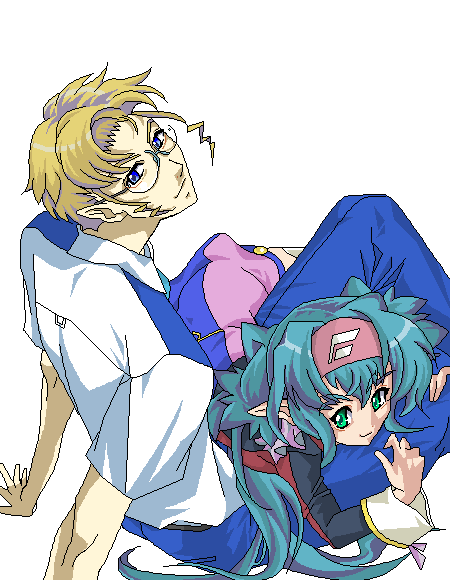 kisou nowora, klan klein, mikhail buran, macross, macross frontier, 00s, blonde hair, blue hair, green eyes, long hair, oekaki, pointy ears