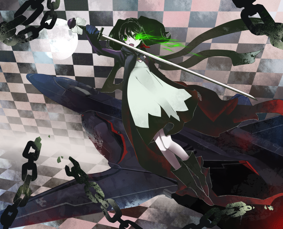garakuta omocha, koyoi mitsuki, black rock shooter (character), ranka lee, black rock shooter, macross, macross frontier, vocaloid, blade, light, bad id, bad pixiv id, 1girl, black rock shooter (cosplay), chain, cosplay, female focus, microphone, microphone stand, solo