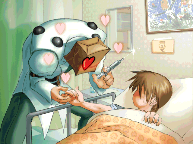 faust (guilty gear), arc system works, guilty gear, guilty gear x, guilty gear xx, game cg, official art, 2boys, bag, bag on head, bag over head, bed, doctor, heart, holding hands, hospital, hospital bed, lab coat, male focus, medical, multiple boys, needle, no eyes, paper bag, patient, syringe