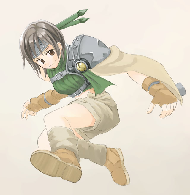 yukihashi, ninja (final fantasy), yuffie kisaragi, final fantasy, final fantasy vii, 1990s (style), 1girl, armor, brown eyes, brown hair, female focus, fingerless gloves, gloves, headband, midriff, ninja, retro artstyle, short hair, shorts, sleeveless, sleeveless turtleneck, smile, solo, turtleneck