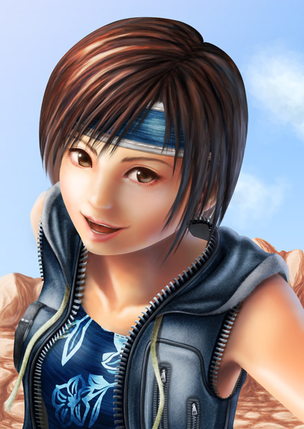 so, yuffie kisaragi, final fantasy, final fantasy vii, final fantasy vii advent children, 00s, 1990s (style), 1girl, bare shoulders, brown eyes, brown hair, female focus, headband, outdoors, short hair, sky, solo, vest