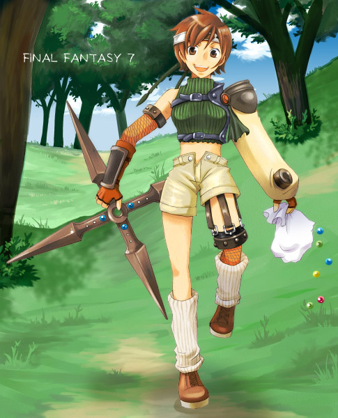 chaho, micha (chaho), ninja (final fantasy), yuffie kisaragi, final fantasy, final fantasy vii, 1990s (style), 1girl, armor, bare shoulders, brown eyes, brown hair, copyright name, female focus, gloves, headband, materia, midriff, ninja, open fly, retro artstyle, short hair, shorts, shuriken, sleeveless, sleeveless turtleneck, smile, solo, turtleneck, unzipped, weapon