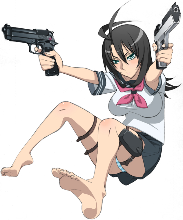 hidarikiki, bad id, bad pixiv id, 1girl, aqua eyes, barefoot, belt, beretta 92, black hair, dual wielding, feet, female focus, foot focus, gun, handgun, holding, iwi jericho 941, panties, pantyshot, pistol, school uniform, serafuku, skirt, soles, solo, striped clothes, striped panties, thigh strap, toes, underwear, upskirt, weapon