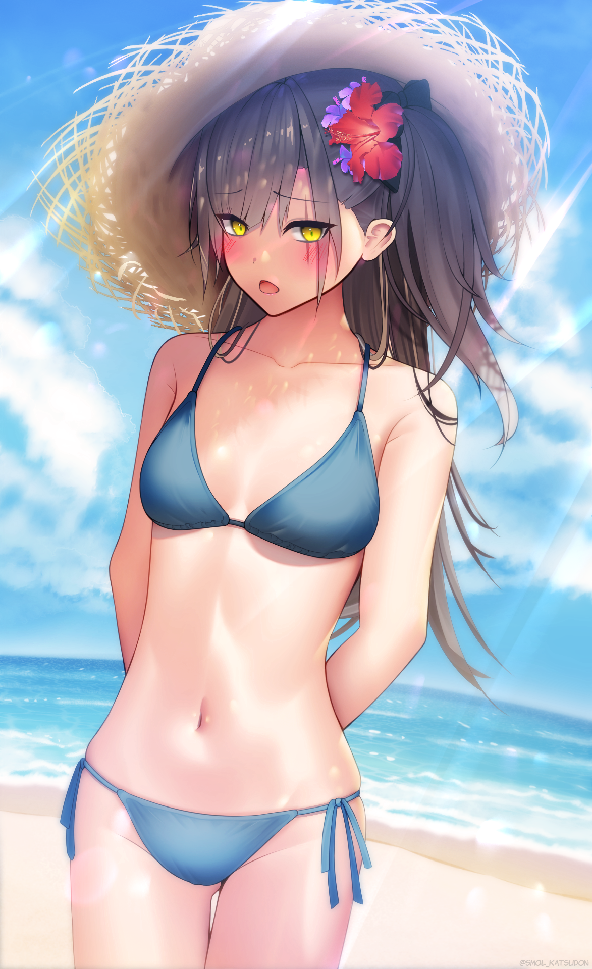 45sensei, leva (girls' frontline 2), ump45 (girls' frontline), girls' frontline, girls' frontline 2: exilium, commentary, english commentary, highres, 1girl, alternate breast size (larger), alternate costume, arms behind back, beach, bikini, black bow, blue bikini, blue sky, blush, bow, breasts, brown hair, cloud, cloudy sky, collarbone, flower, hair bow, hair flower, hair ornament, hat, long hair, looking at viewer, medium breasts, navel, ocean, one side up, open mouth, purple flower, red flower, scar, scar across eye, scar on face, side-tie bikini bottom, skindentation, sky, solo, straw hat, sun hat, swimsuit