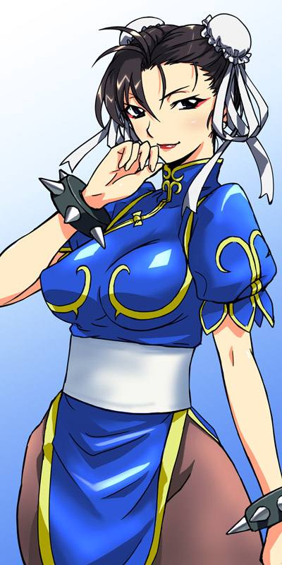 michael f91, chun-li, capcom, street fighter, 1girl, black eyes, bracelet, breasts, brown hair, bun cover, china dress, chinese clothes, double bun, dress, female focus, hair bun, jewelry, lipstick, makeup, pantyhose, pelvic curtain, short hair, small breasts, solo, spiked bracelet, spikes