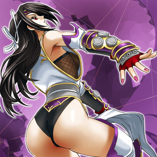 haruyama kazunori, otone, otone (srw), banpresto, super robot wars, super robot wars og saga mugen no frontier, lowres, 1girl, armpits, ass, black hair, breasts, elbow gloves, female focus, fingerless gloves, fishnets, gloves, infinite frontier, long hair, nail polish, ninja, pink nails, red eyes, sideboob, solo, thighhighs