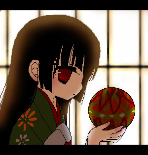 enma ai, jigoku shoujo, lowres, 00s, ball, black hair, dew drop, japanese clothes, kimono, oekaki, red eyes, water drop