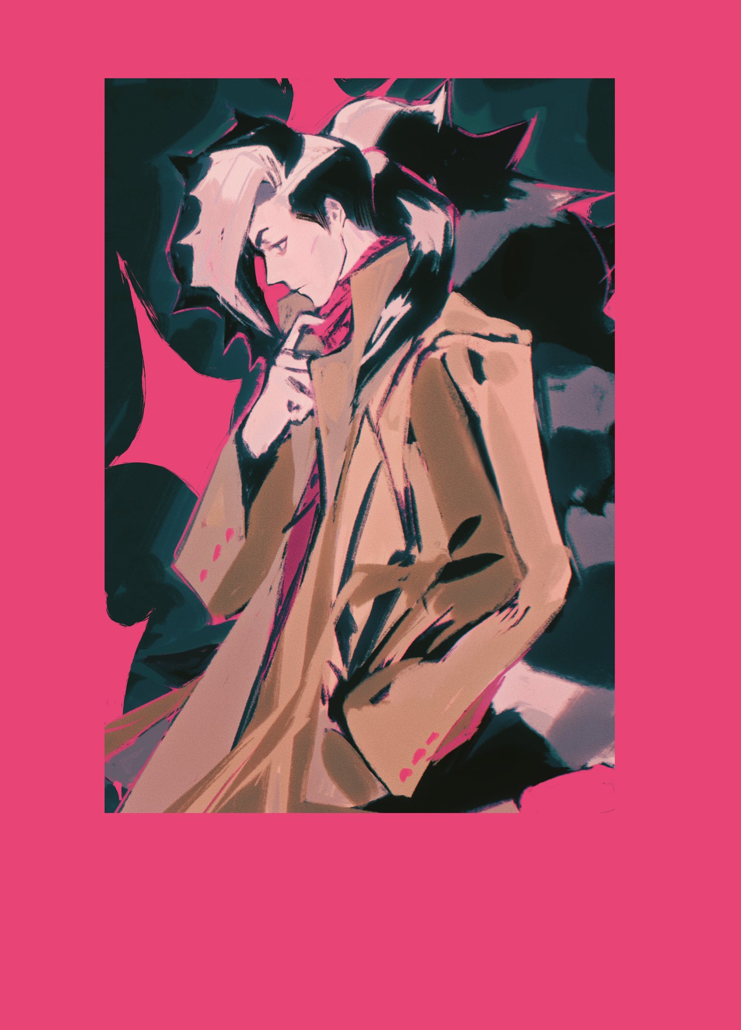 piers (pokemon), nintendo, pokemon, pokemon swsh, highres, 1boy, black hair, brown coat, closed mouth, coat, hand in pocket, long hair, long sleeves, looking ahead, male focus, mighteye inlove, multicolored hair, pink background, pink shirt, shirt, simple background, solo, two-tone hair, upper body, very long hair