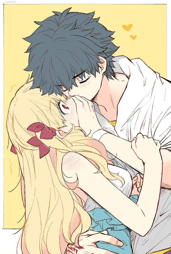 azumi (myameco), ereshkigal (fate), ereshkigal (swimsuit beast) (fate), fujimaru ritsuka (male), fate/grand order, fate (series), 1boy, 1girl, black hair, blonde hair, hair ribbon, hetero, long hair, red ribbon, ribbon, short hair, shoulder blush, simple background, yellow background