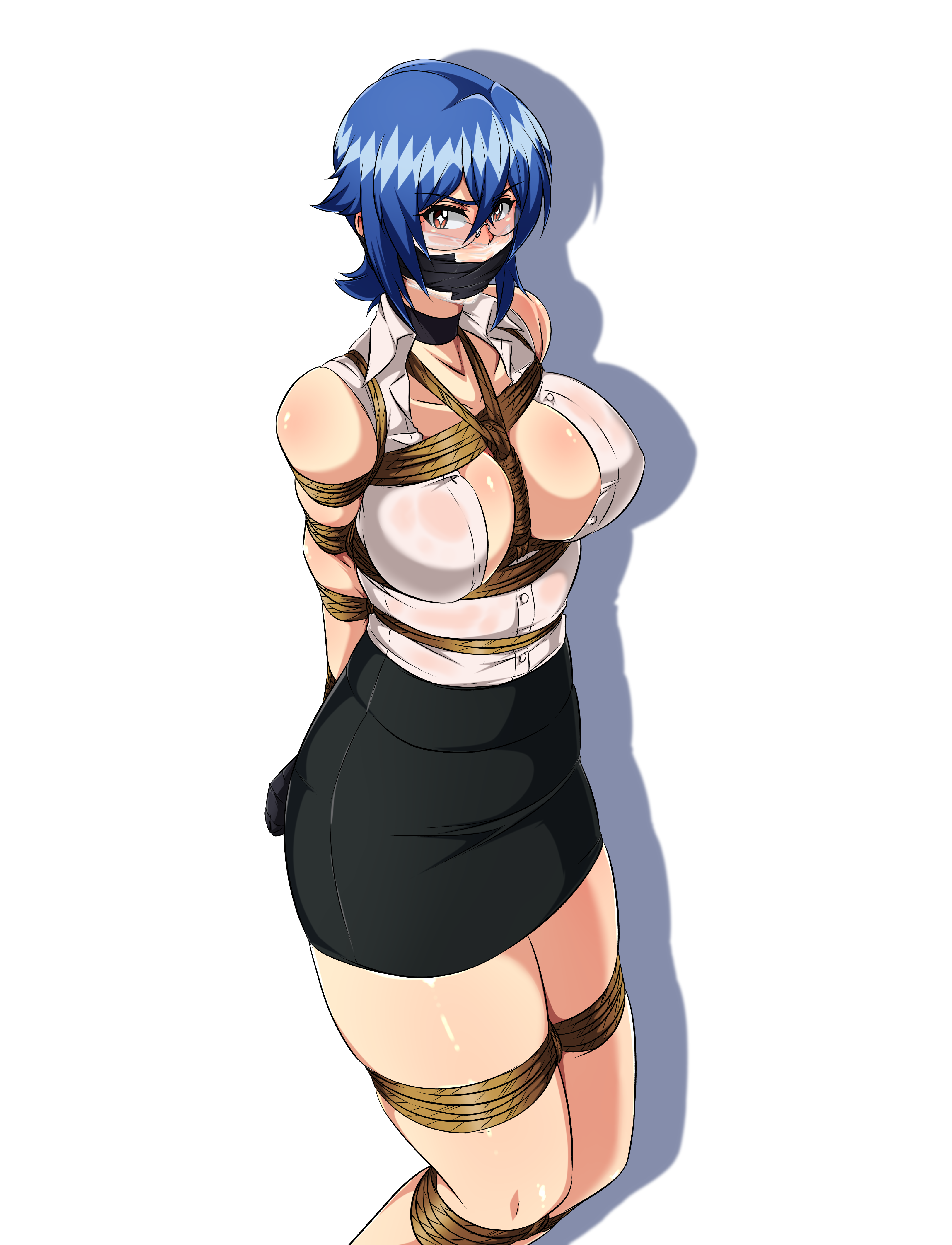 ryner-e, original, absurdres, highres, 1girl, bdsm, bondage, bound, bound together, breasts, collared shirt, gag, glasses, long hair, peril, restrained, rimless eyewear, rope, round eyewear, semi-rimless eyewear, shibari, shirt, short hair, skirt, solo, white shirt