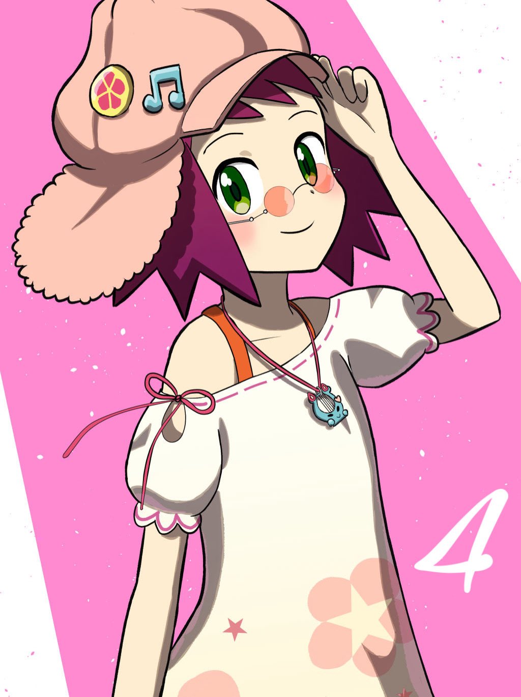 lyra (mega man), sonia strumm (mega man), mega man (series), mega man star force (series), highres, 1girl, bare shoulders, closed mouth, dress, glasses, green eyes, hat, hatsui82, jewelry, looking at viewer, necklace, off-shoulder dress, off shoulder, pink hat, puffy short sleeves, puffy sleeves, purple hair, short hair, short sleeves, simple background, smile, solo, white dress