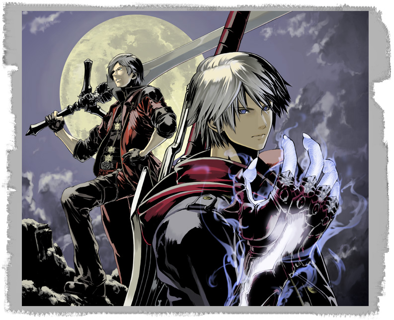 nakabayashi reimei, dante (devil may cry), nero (devil may cry), rebellion (sword), capcom, devil may cry, devil may cry (series), devil may cry 4, 00s, 2boys, blue eyes, devil bringer, grey hair, male focus, moon, multiple boys, red queen (sword), sword, weapon
