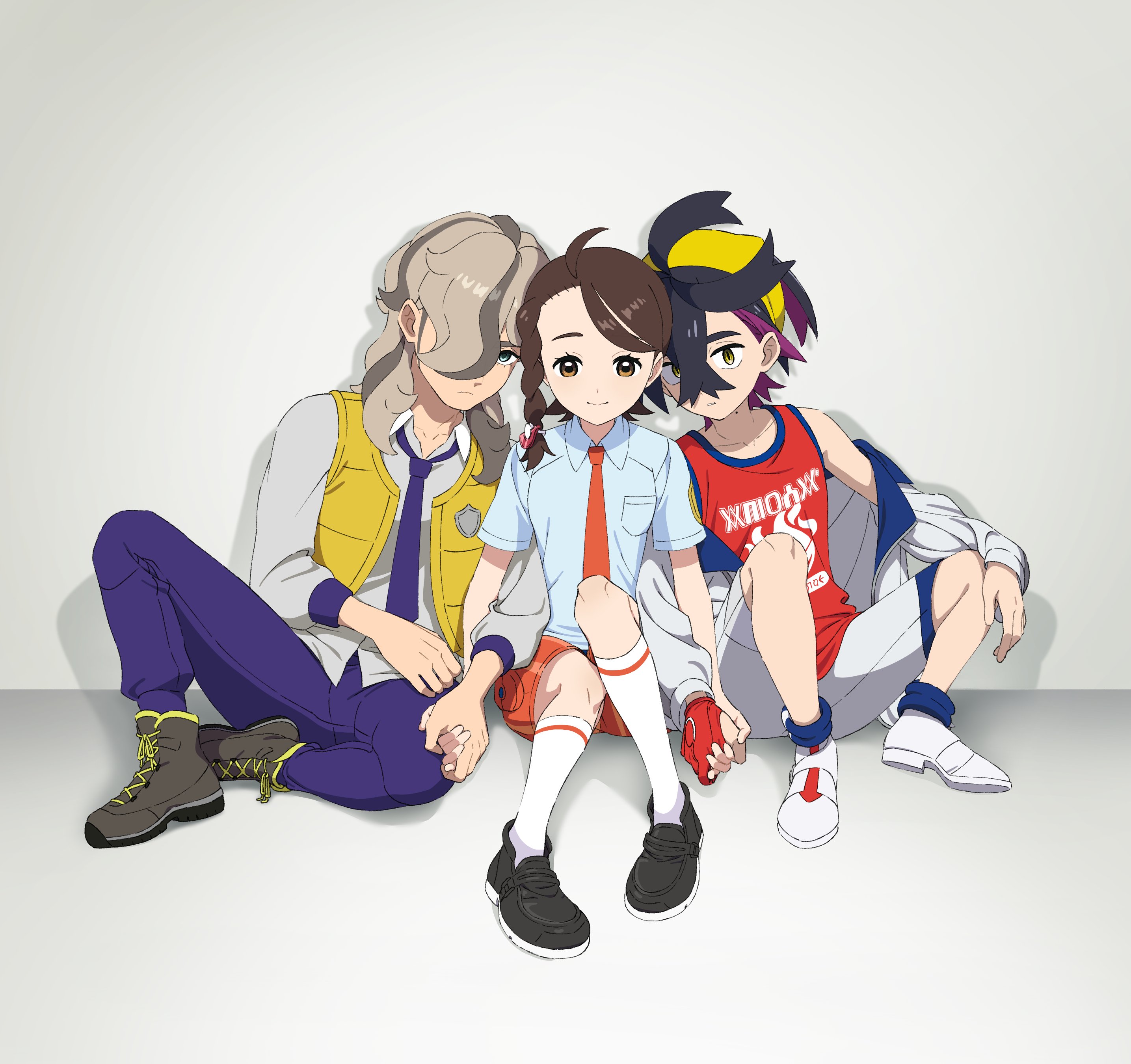 tli eilt pk, arven (pokemon), juliana (pokemon), kieran (pokemon), nintendo, pokemon, pokemon sv, absurdres, commentary, highres, symbol-only commentary, 1girl, 2boys, black hair, blue socks, boots, boy sandwich, brown eyes, closed mouth, collared shirt, gloves, hair between eyes, hair ornament, hair over one eye, hairband, holding hands, jacket, long hair, looking at viewer, mole, mole on neck, multiple boys, naranja academy school uniform, necktie, open clothes, open jacket, pants, purple hair, red tank top, sandwiched, school uniform, shirt, shoes, short sleeves, simple background, single glove, sitting, socks, tank top, uva academy school uniform, vest, white socks, yellow hairband