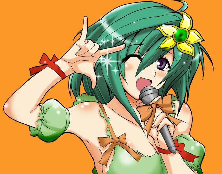yasakani an, ranka lee, rydia (adult) (ff4), rydia (ff4), final fantasy, final fantasy iv, macross, macross frontier, 1girl, aged up, blush, bow, breasts, cleavage, detached sleeves, female focus, green hair, m/, medium breasts, microphone, music, one eye closed, orange background, parody, purple eyes, seikan hikou, short hair, simple background, singing, solo, wink