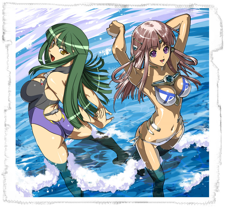nakabayashi reimei, sengekimaru, ariel org, ouka nagisa, banpresto, real robot regiment, super robot wars, super robot wars original generation, 2girls, ass, bikini, breasts, circlet, cleavage, green hair, hair ornament, large breasts, multiple girls, ocean, one-piece swimsuit, open mouth, pink hair, purple eyes, swimsuit, water, yellow eyes
