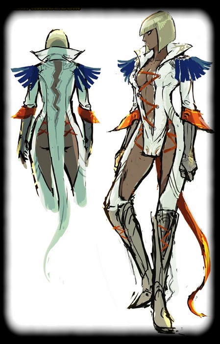 gloria (devil may cry), trish (devil may cry), capcom, devil may cry, devil may cry (series), devil may cry 4, artbook, official art, scan, 00s, 1girl, ass, breasts, cleavage, dark skin, oekaki, sideboob, sketch, white background, white hair