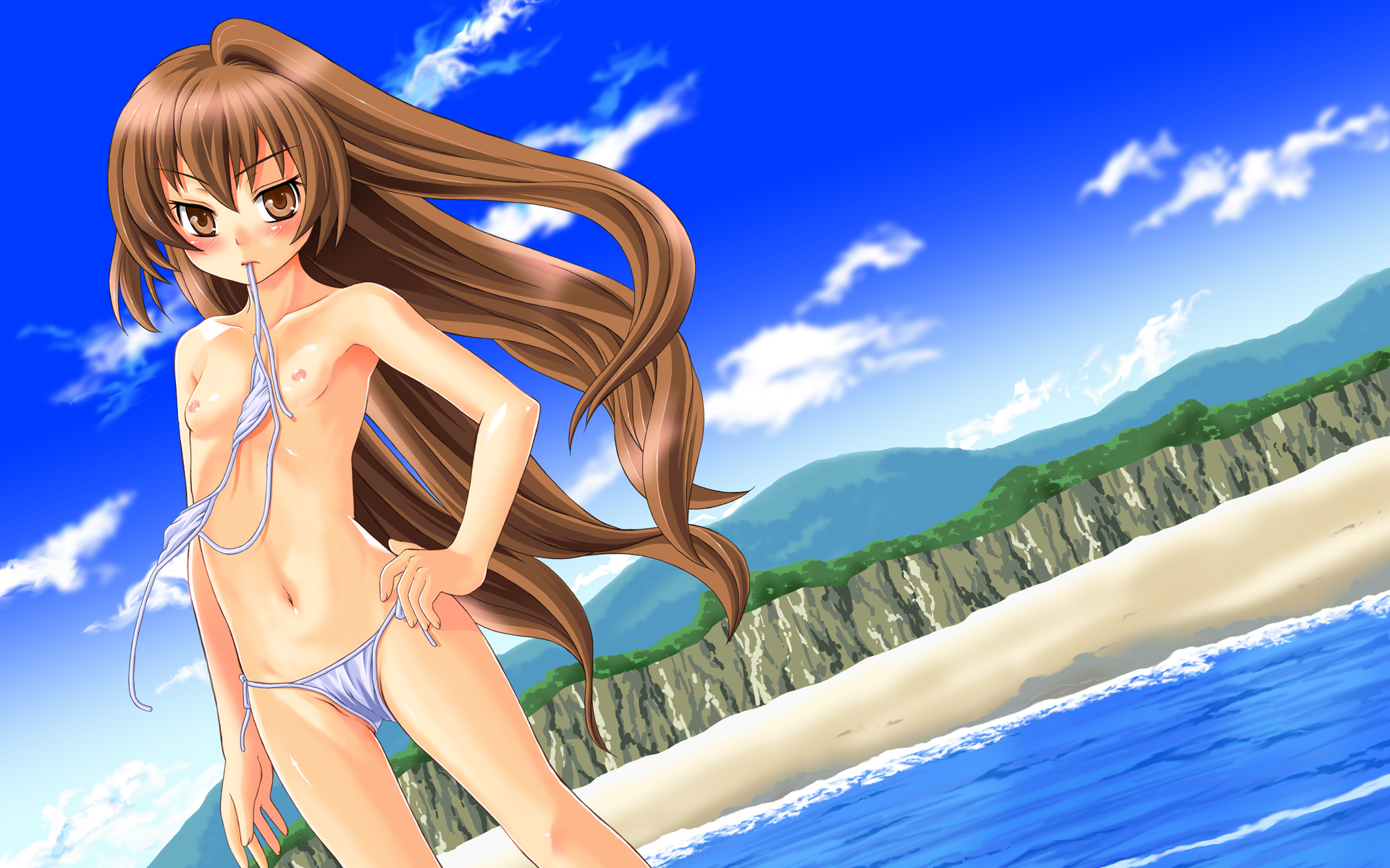 yooichiroo w, aisaka taiga, toradora!, highres, 00s, 1girl, armpits, bikini, breasts, brown eyes, brown hair, cowboy shot, day, female focus, loli, long hair, mouth hold, nipples, side-tie bikini bottom, small breasts, solo, swimsuit, topless female, untied bikini