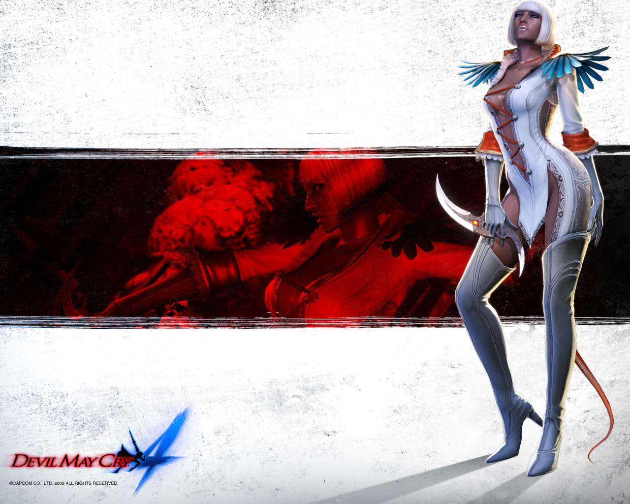 tatsuya yoshikawa, tsuchibayashi makoto, yoshikawa tatsuya, gloria (devil may cry), trish (devil may cry), capcom, devil may cry, devil may cry (series), devil may cry 4, concept art, official art, official wallpaper, 00s, 1girl, 3d, blue eyes, breasts, cleavage, dark-skinned female, dark skin, female focus, gloves, high heels, shoes, solo, thighhighs, white hair