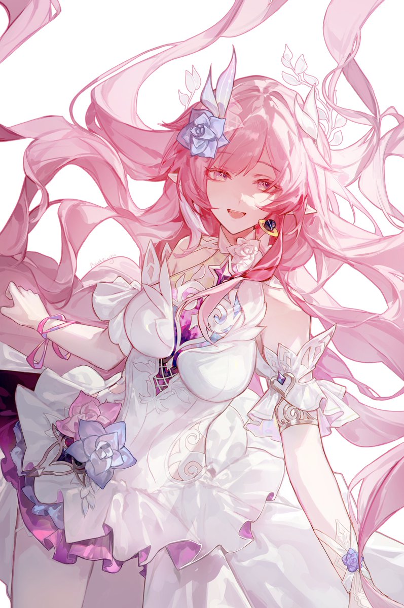 rente gu, cyrene (honkai: star rail), cyrene (ripples of past reverie) (honkai: star rail), honkai: star rail, honkai (series), commentary, highres, symbol-only commentary, 1girl, armlet, bare shoulders, blue flower, breasts, cowboy shot, diamond-shaped pupils, diamond (shape), dress, flower, hair flower, hair ornament, jewelry, large breasts, long hair, looking at viewer, open mouth, pink hair, pointy ears, purple eyes, sidelocks, signature, simple background, smile, solo, symbol-shaped pupils, very long hair, white background, white dress