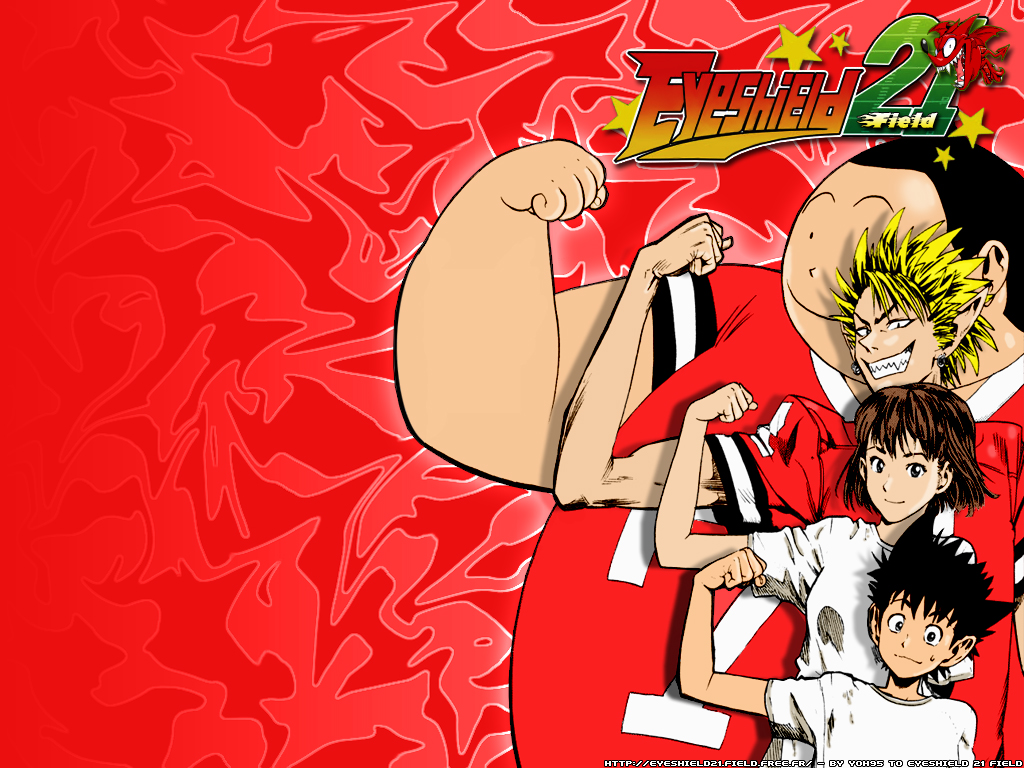 kurita, anezaki mamori, hiruma youichi, kobayakawa sena, kurita ryokan, eyeshield 21, 00s, 1girl, 3boys, american football, american football uniform, bat (animal), black hair, blonde hair, brown hair, clothes writing, copyright name, earrings, fang, fat, fat man, flexing, height difference, jewelry, looking at viewer, multiple boys, muscular, piercing, pointy ears, red background, sharp teeth, shirt, spiked hair, sportswear, sweat, t-shirt, teeth