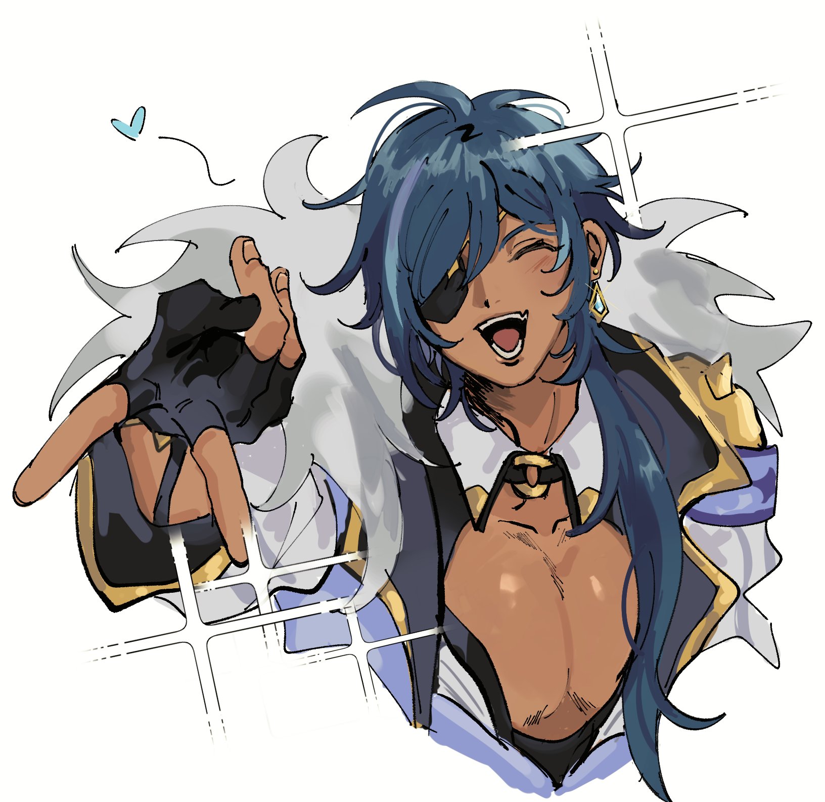 riki0928, kaeya (genshin impact), genshin impact, commentary, english commentary, highres, 1boy, ahoge, armor, black gloves, blue hair, blush, cleavage cutout, closed eyes, clothing cutout, cropped torso, dark-skinned male, dark skin, earrings, eyepatch, fan to mouth, fingerless gloves, from above, fur-trimmed jacket, fur trim, gloves, gyaru v, hair between eyes, heart, jacket, jewelry, long hair, male focus, open mouth, pauldrons, pectoral cleavage, pectorals, shoulder armor, simple background, solo, teeth, tongue, upper body, v, white background, white jacket