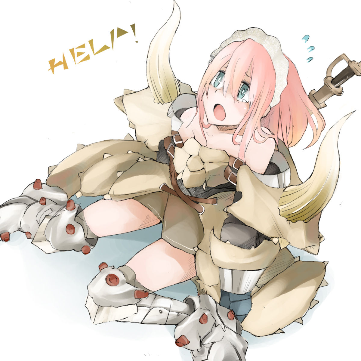 tansuke, takagi (tansuke), capcom, monster hunter (series), original, highres, 1girl, armor, diablos (armor), female focus, gravios (armor), green eyes, maid headdress, monster girl, pink hair, solo, tears