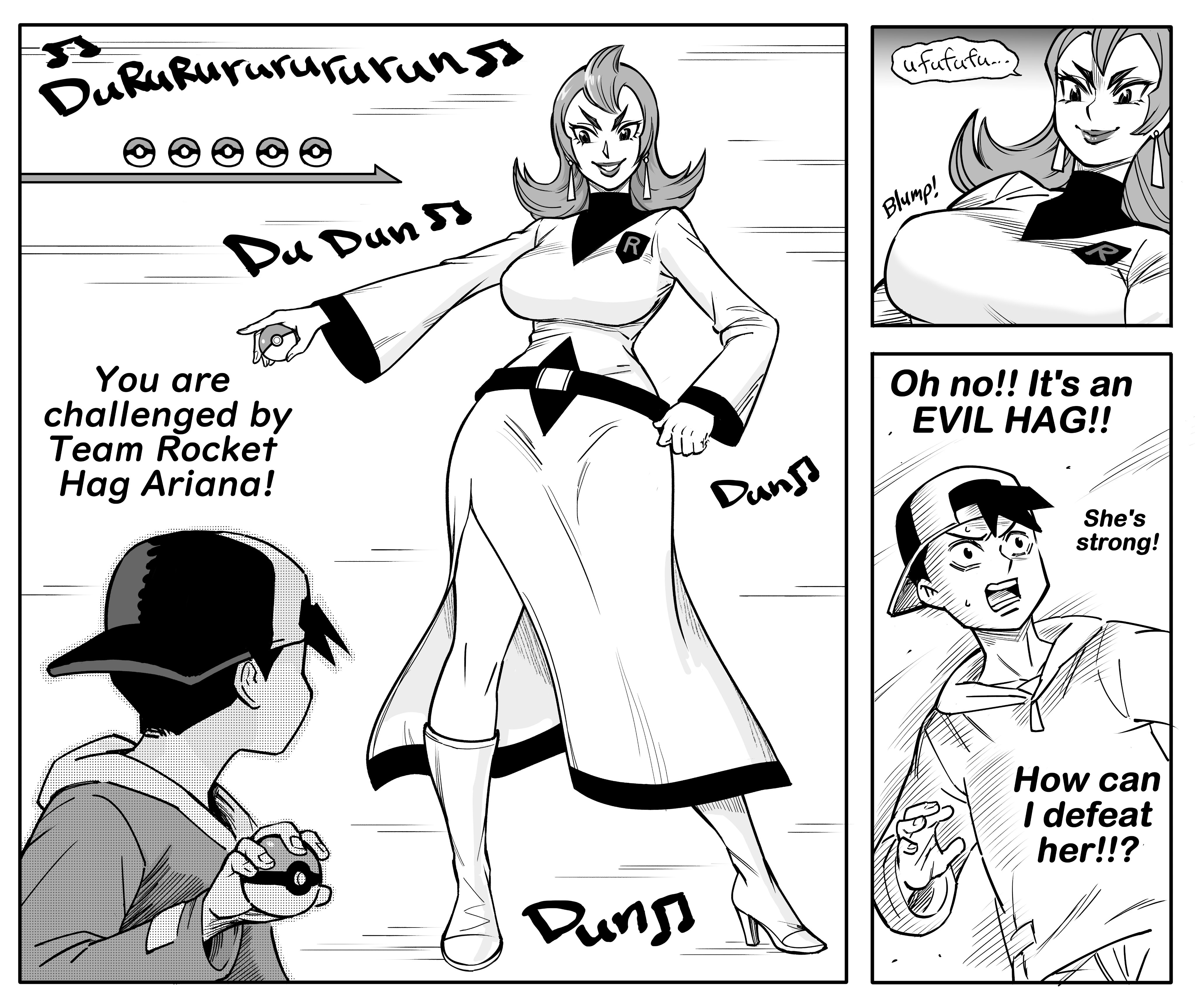 bb (baalbuddy), ariana (pokemon), ethan (pokemon), nintendo, pokemon, pokemon hgss, absurdres, highres, 1boy, 1girl, backwards hat, breasts, earrings, english text, hat, high heels, holding, holding poke ball, jewelry, large breasts, long sleeves, monochrome, nervous sweating, open mouth, poke ball, sound effects, sweat, team rocket, team rocket uniform, v-shaped eyebrows