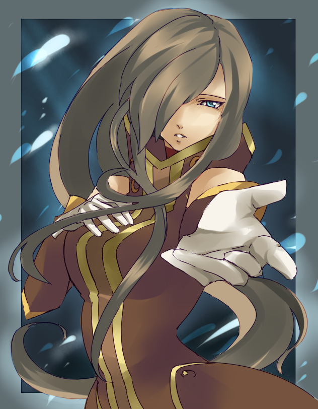nana g, tear grants, tales of (series), tales of the abyss, 00s, blue eyes, brown hair, gloves, hair over one eye, hip focus, long hair, solo, wide hips