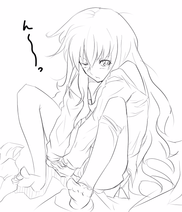 nana g, louise francoise le blanc de la valliere, zero no tsukaima, 00s, asymmetrical clothes, barefoot, feet, greyscale, long hair, messy hair, monochrome, one eye closed, single thighhigh, sketch, solo, thighhighs, toes, wink