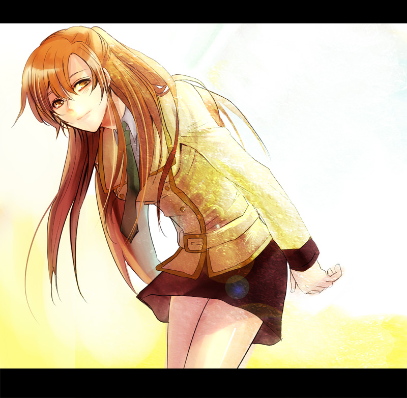 shoko makiko, shirley fenette, code geass, bad id, bad pixiv id, spoilers, 00s, angel wings, brown eyes, brown hair, letterboxed, long hair, orange hair, school uniform, serafuku, skirt, solo, wings