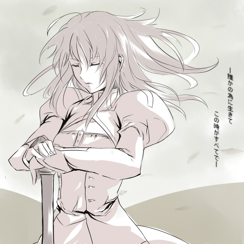 nana g, artoria pendragon (fate), saber (fate), fate/stay night, fate (series), translation request, 00s, alternate hairstyle, closed eyes, dress, hair down, hands on hilt, long hair, monochrome, solo